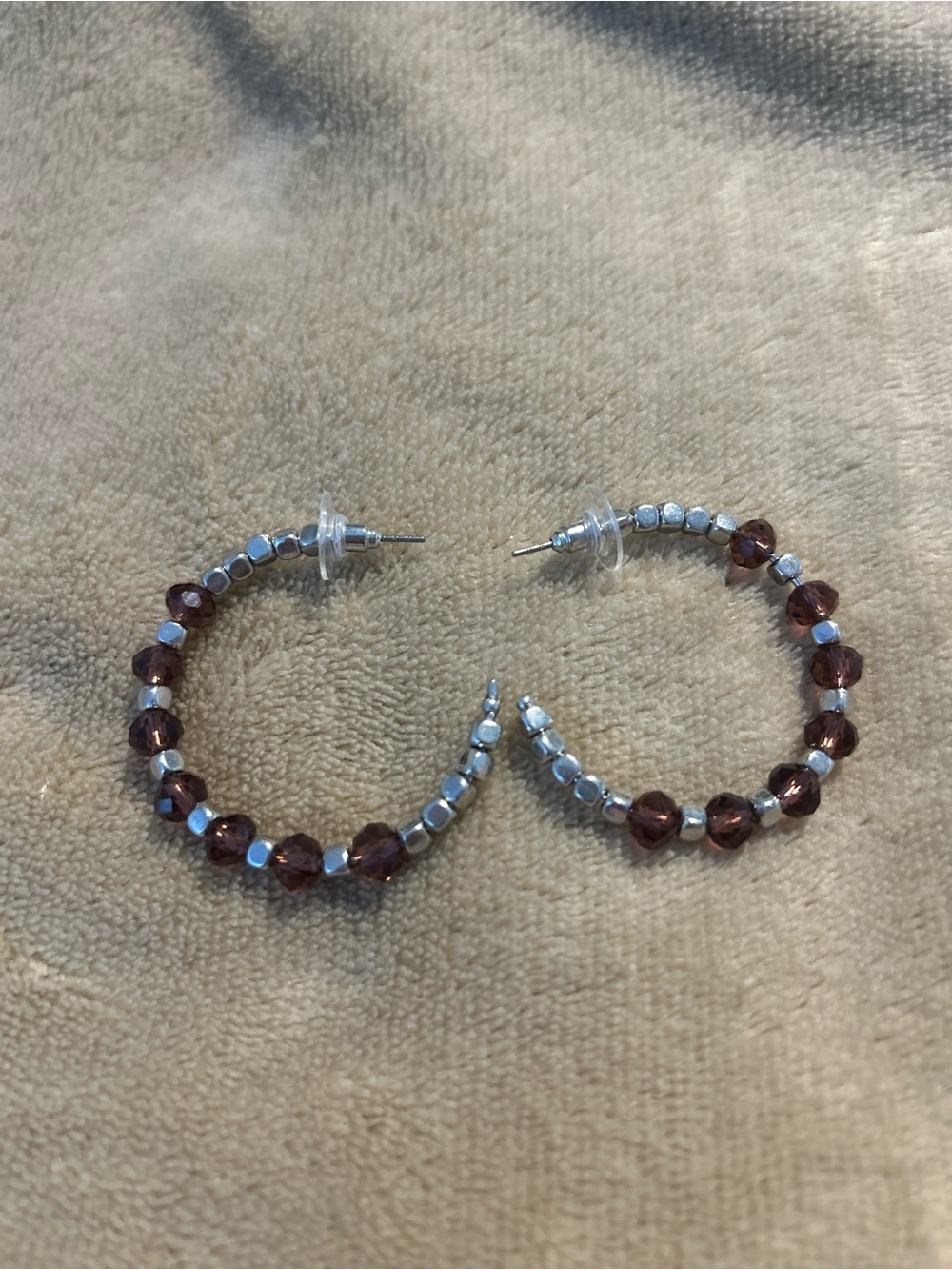 Silver Tone & Plum Beaded Hoop Earrings - Women Jewelry